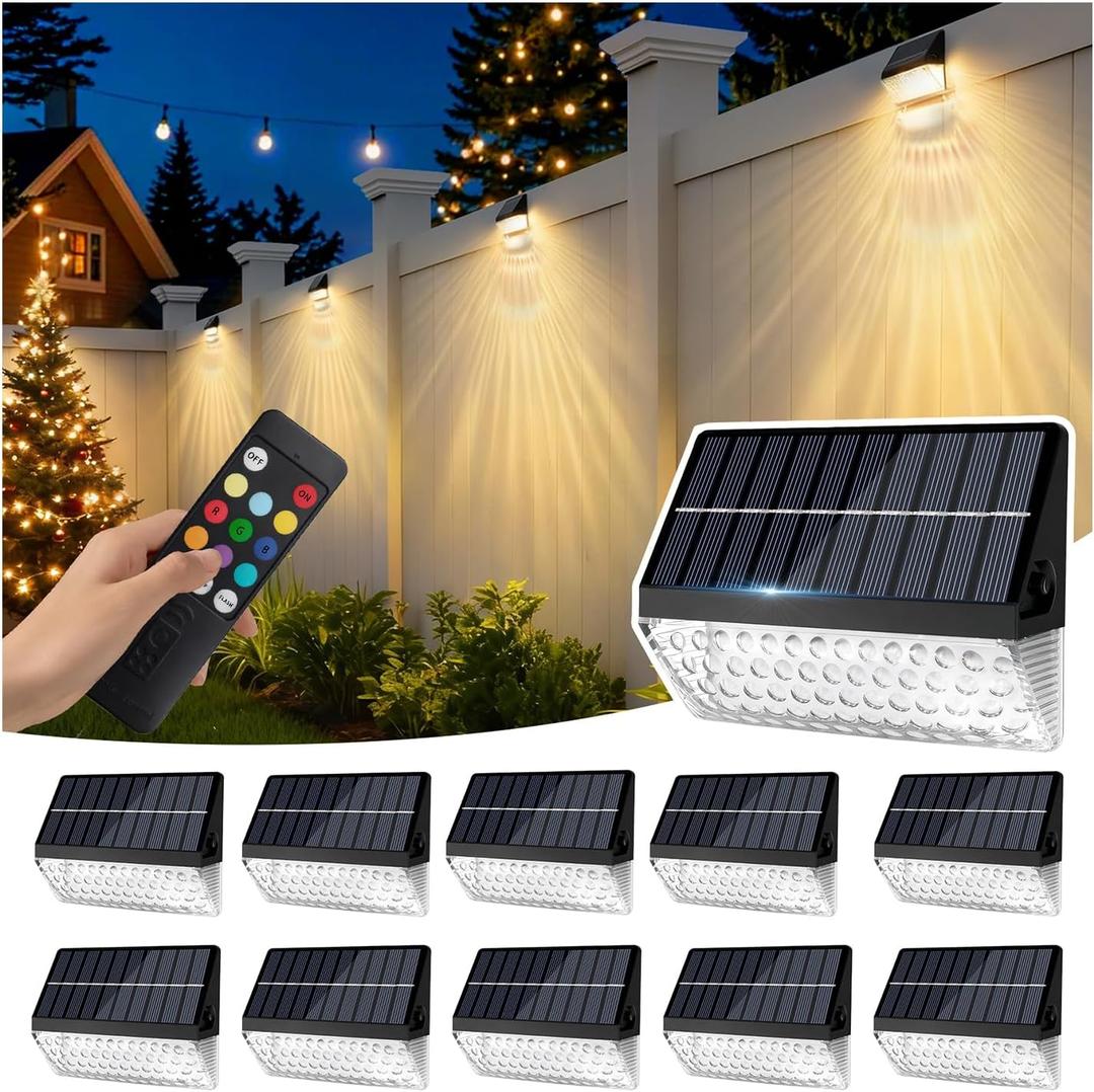 LumiZen Solar Fence Lights 12 Pack, 12 Modes RGB Color Glow LED Solar Lights with Remote Dimmable Outdoor Waterproof，Dusk to Dawn Solar Light for Patio, Backyard, Deck, Fence, Railing,Wall,Step