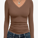 Long Sleeve Shirts for Women 2026 Fall Fashion V Neck Basics Crop Tops Slim Fitted Y2K Tops Outfits Clothes Size Medium, Coffee Grey 