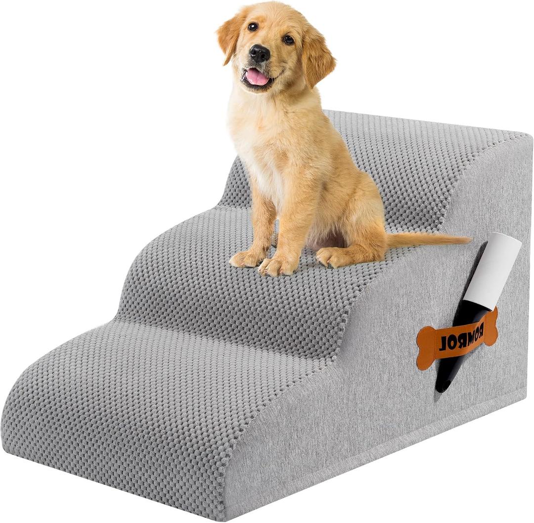 Romrol Dog Stairs Ramp for High Beds Couches, High Density Foam Pet Steps with Durable Non-Slip Waterproof Fabric Cover, Dog Stairs for Small Dogs or Cats or Pets, 3-Step,15 Inch,Light-Grey