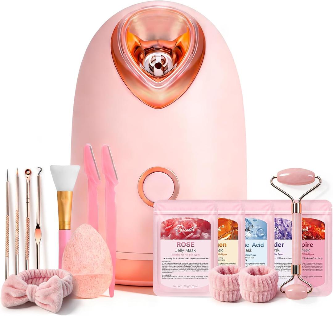 Pjordo Facial Steamer Spa Kit with 17 Skin Care Tools, Nano Ionic Face Steamer for Deep Cleaning Unclogs Pores, Warm Mist Humidifier Steamer for Face Home Sauna SPA, Mothers Day Gifts for Women