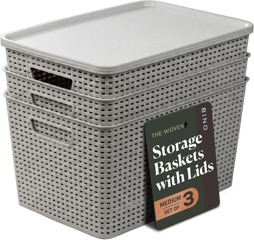 BINO | Plastic Storage Baskets with Lids, 22 Liter - 3 Pack, Natural Grey | THE WOVEN COLLECTION | Storage Basket for Shelves | Woven Storage Baskets for Organizing Bins | Pantry Shelf Organizer Bin