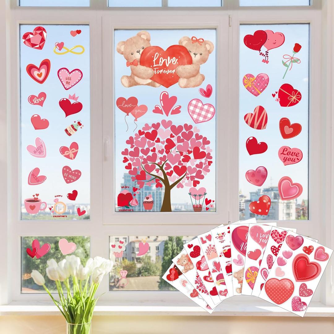 2 x Valentines Day Decorations - Heart Window Clings for Glass | Valentines Decor Indoor Outdoor - Valentine's Day Accessories Party Favors Supplies for Home School Class Office (Red)