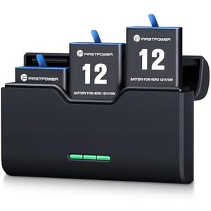 FirstPower Hero 12/11/10/9 Battery Pack of 3, 2250mAh and Triple Slot USB Fast Charger for GoPro Hero 12, 11, 10, 9