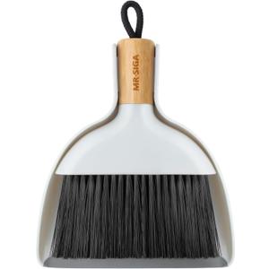 MR.SIGA Mini Dustpan and Brush Set, Portable Cleaning Brush and Dustpan Combo with Bamboo Handle, 1 Set (White)