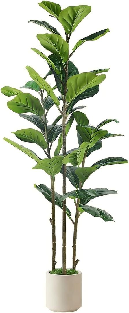 Alupssuc 5FT Artificial Fiddle Leaf Fig Tree with White Planter Pot, 5 feet Tall Fake Tree for Home Decor, Faux Ficus Tree Fake Moss for Indoor Outdoor Office Living Room