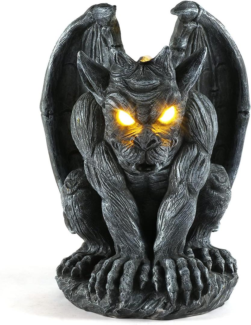 Large Winged Gargoyle Statue with Solar Lights Outdoor Decor, Sitting Gargoyle Monster Dragon Garden Guardian Gothic Creep Scary Sculpture, Patio Yard Lawn Decorations, Valentine's Day Gift