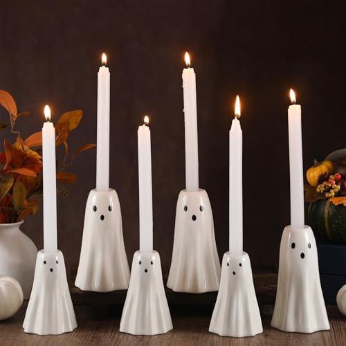 Mumufy 4 Pcs Halloween Ghost Candlestick Holder Ceramic Ghost Shape Candle Stick Holder Halloween Taper Candleholder Decorative Centerpiece for Table Wedding Holiday Office Home Decor Gift, Mixed Size