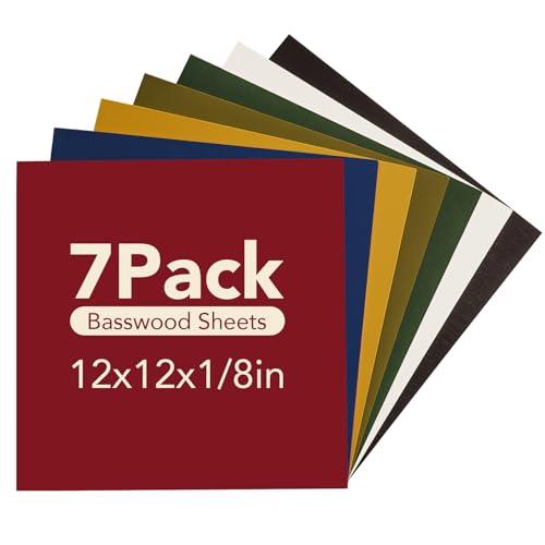 ROBOTIME 7-Pack Double-Sided Colored 1/8" Plywood Sheets - 12 x 12 x 1/8 Inch - Roller-Coated Solid Color 3mm Craft Wood Sheets for Laser Cutting - Assorted Colors - WB122