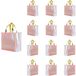 Set of 12 Iridescent Glossy Reusable Grocery Bags Reusable Gift Bags with Handles Bachelorette Bag Non-Woven Bridesmaid Bag for Women Birthday Wedding Party Mother's Day Christmas