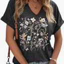 Vintage Flowers V Neck Shirt for Women Boho Floral Wildflowers Graphic Tee Casual Cottagecore Summer T Shirt, XL