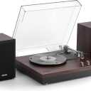 Record Player, 3 Speed Turntable with Two 15W External Speakers, Bluetooth Input, Aux-in, USB Playback& LP-MP3 Recording, Vintage Vinyl Player, Dark Brown Wood