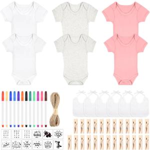 BOUBONI 220 Pcs DIY Baby Bibs Bodysuit Set Baby Shower Game 24 White Baby Bibs 24 Newborn Bodysuit 24 Fabric Markers 48 Stencils 100 Clothespins 2 Hemp Ropes for Baby Shower Boys Girls, 3 Sizes(0-3 Months, 3-6 Months, 6-9 Months)