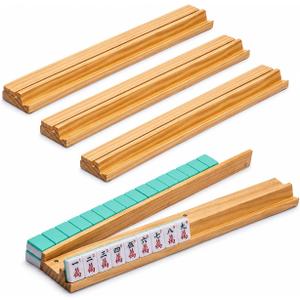 Wooden Mahjong Racks with Pushers, 4 Pack Solid Wood Mahjong Tile Holders, 17.7 Inch with 9 Built-in Magnets, Strong Grip for American Mahjong Players