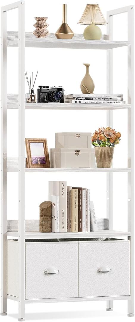 Furologee 5 Tier Bookshelf with Drawers, White Tall Bookcase with Shelves, Wood and Metal Bookshelves Storage Organizer, Modern Display Free Standing Shelf Unit for Bedroom, Living Room, Office