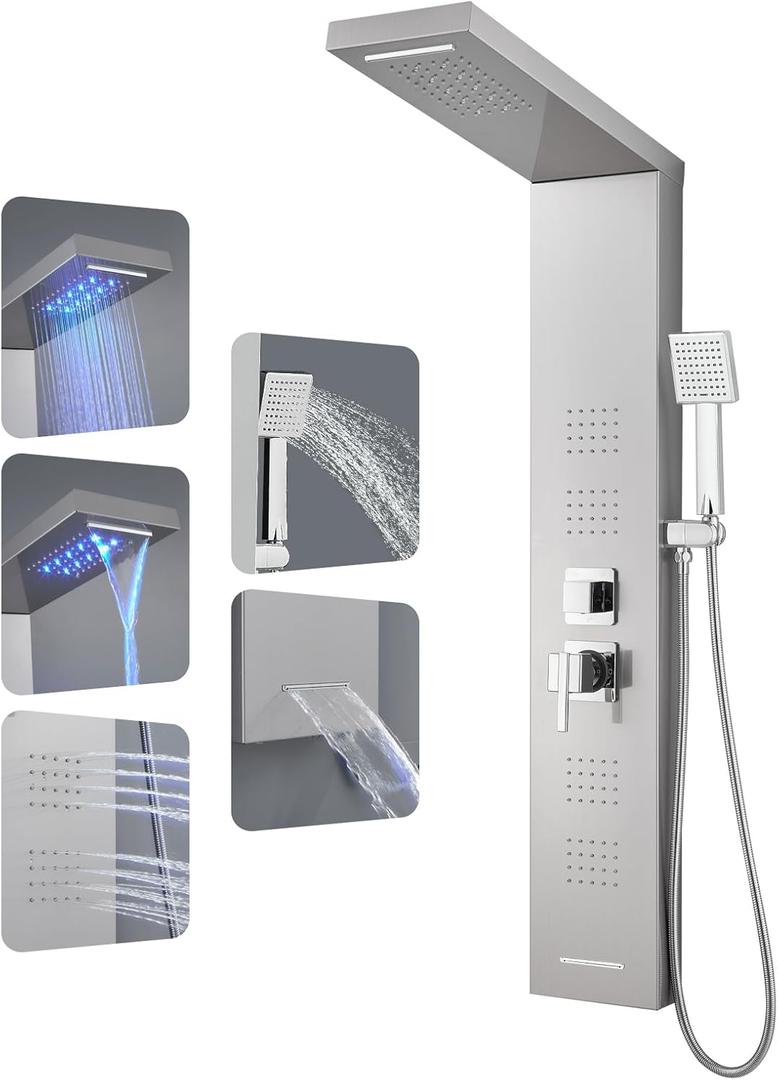 ROVOGO LED Shower Panel Tower System, 5-Function Shower Column with Rainfall Waterfall Shower Head, 4 Body Jets, Handheld and Tub Spout, Stainless Steel Brushed