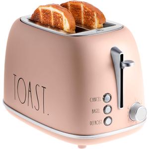 Rae Dunn Retro Rounded Bread Toaster, 2 Slice Stainless Steel Toaster with Removable Crumb Tray, Wide Slot with 6 Browning Levels, Bagel, Defrost and Cancel Options, Blush