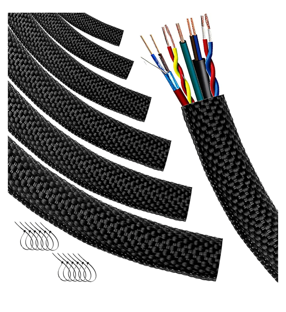 Automotive Wire Loom High Temperature Braided Wire Loom, Split-Sleeve Heat Resistant Wiring Loom Cord Cover for Harness Wires, Self-Wrapping Heavy Duty Sheathing Cable Management Black（20ft-1inch ）