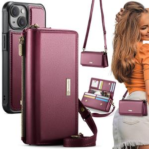 CaseMe 2-in-1 Detachable for iPhone 15 Crossbody Wallet Case with RFID Blocking 10-Card Holder for Woman, PU Leather Wrist Strap Zipper Handbag Purse Wallet Phone Case for iPhone 15 6.1", 
 Wine Red
