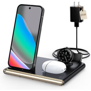 3 in 1 Foldable Charging Station for Google Pixel Watch 4, Wireless Charger for Google Pixel,Fast Wireless Charger Stand, Travel Charger for Pixel 10 Pro/Pro XL/Fold,Buds Pro 2(Only for Watch 4)