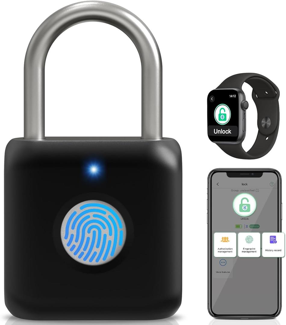 Fingerprint Padlock, Pothunder Smart Padlock, Locker Lock, Fingerprint Lock with APP Unlock, USB Rechargeable, Suitable for Gym Locker, Door(Black)