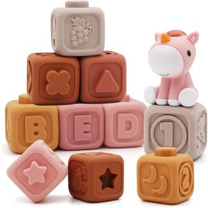 Nueplay 7 Pcs Soft Toy Building Blocks for Baby Girls 6-12 Months, Montessori Early Learning Squeeze Blocks with Unicorn Sensory Stacking Design, Birthday Gift for Toddlers 1-3