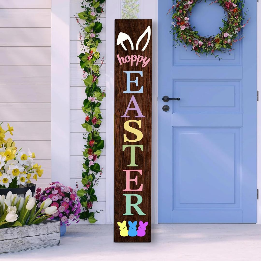 Happy Easter Wooden Porch Sign 47" Bunny Large Welcome Sign Vertical Indoor Outdoor Standing Sign For Garden Home Yard Farmhouse (Brown)