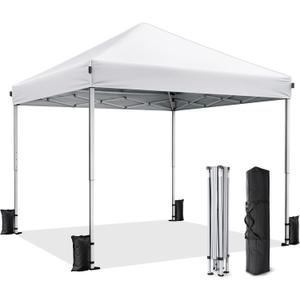 10x10 Pop Up Canopy, Portable Instant Canopy Tent with Carry Bag, 4 Sandbags and 8 Stakes for Outdoor Events, Parties & Camping - White
