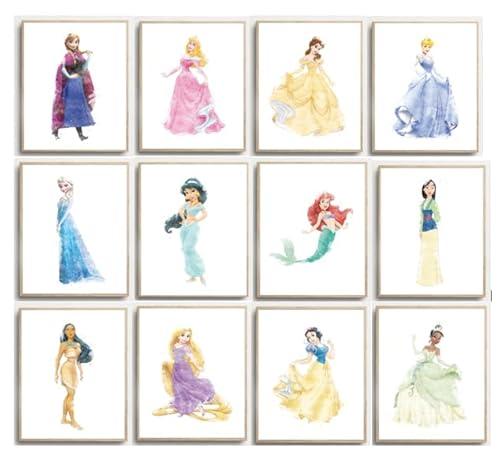 Watercolor Princess Wall Art Collection, Set of 12 Prints, Fairy Tale Theme Nursery Decor, Girls Room Artwork - 8 x10 Poster Print - UNFRAMED
