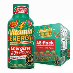Vitamin Energy Watermelon Crush Extra Strength Energy Shot, 48 Pack - Up to 7 Hrs, 260mg Natural Caffeine, Zero Sugar - Green Tea Extract, Immune Support, B12 B6 Niacin, 1.93 fl oz, Keto Vegan