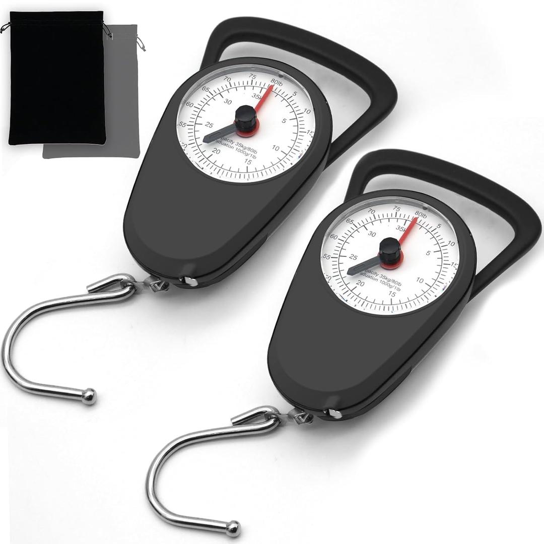 2PC Portable Luggage Weight Scale with Hook & Drawstring Bags, Fishing Hanging Scale Mechanical Kitchen, Multi-Purpose Travel Suitcase Scale with Tape Measure (80 Lbs)