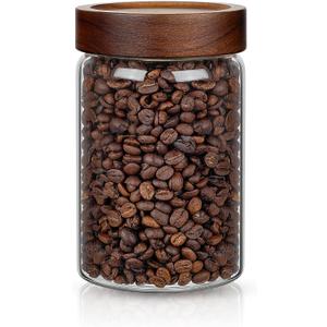 1PC Glass Storage Jars with Airtight Lids, 28 fl oz (850ml) coffee container with Wooden Lid, Glass Pantry Canister for Beans, Rice, Sugar and etc