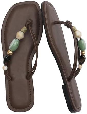 Molozoey Beaded Flip Flops For Women Comfortable Strappy Thong Sandals with Knot Detail Slip On Flats Square Open Toe Dress Shoes, Size 8