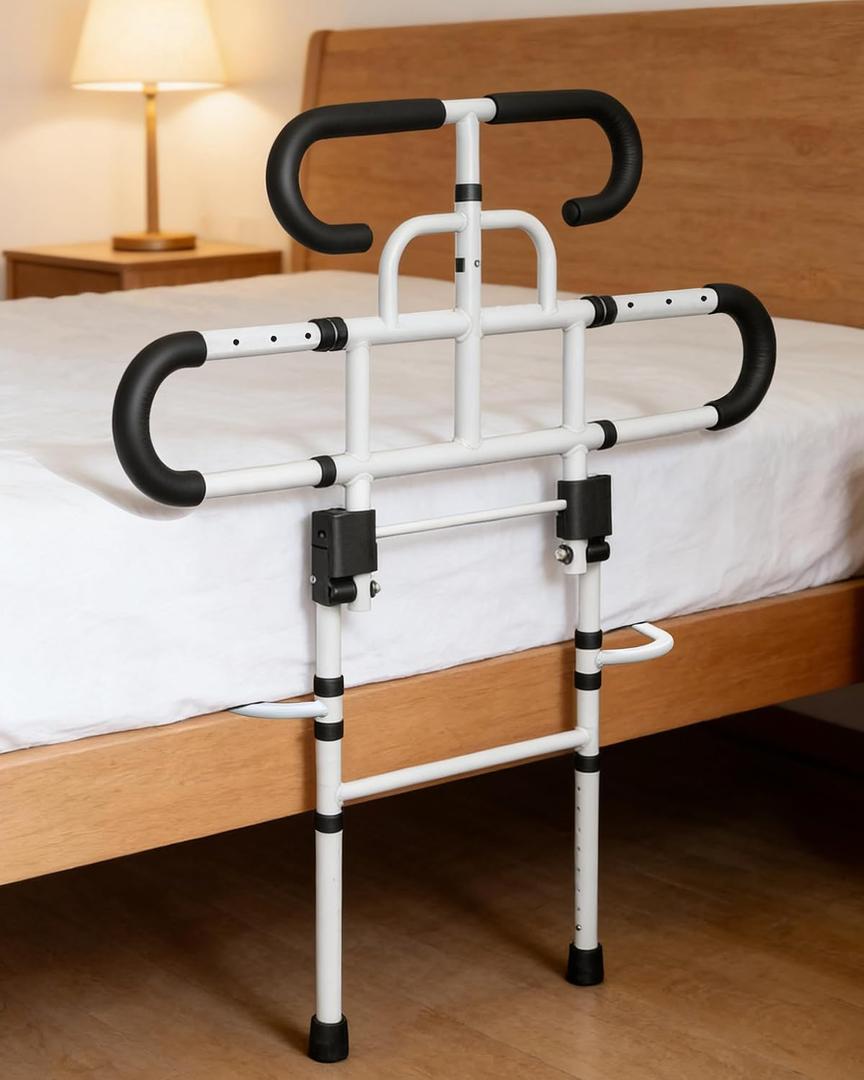 Aliseniors Bed Rails for Elderly Adults Safety - ASTM Certified Bed Assist Grab Bar for Seniors with Adjustable Legs, 300lb Foldable Bedside Dual-Tier Handle - Fits King Queen Twin for Fall Prevention