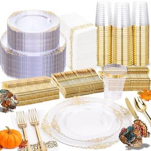Nervure 350PCS Clear Gold Plastic Plates - Gold Plastic Dinnerware Sets for 50 Guests - 100 Disposable Plates, 150 Silverware, 50 Cups, 50 Napkins for Wedding & Party & Thanksgiving : Health & Household