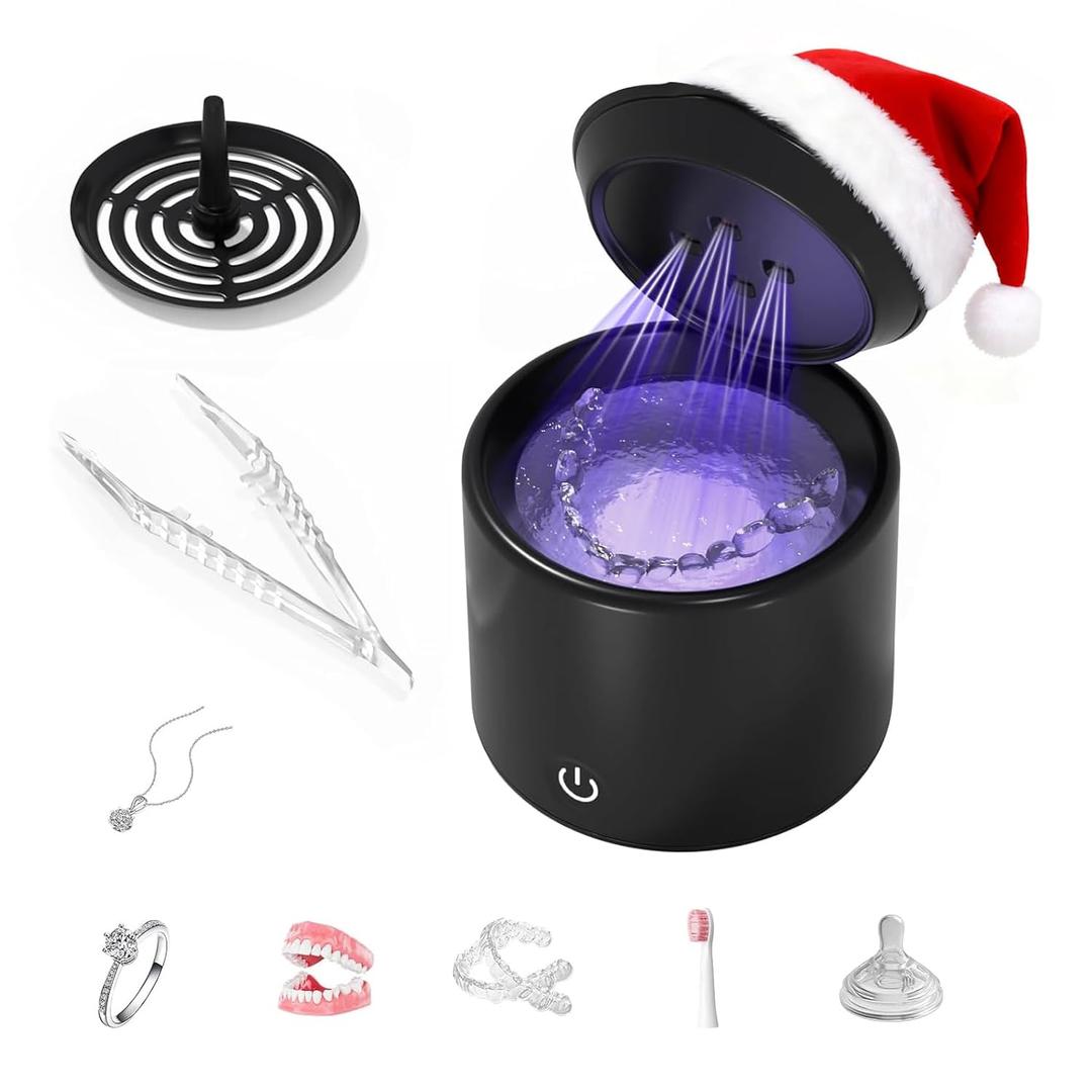 Ultrasonic Retainer Cleaner, 48kHz Denture Cleaner, Retainer Cleaning Machine for Denture, Retainer, Aligner, Jewelry, Mouth Guard, Brace, Toothbrush, Pacifier, Razor, 3 Modes Jewelry Cleaner 200ML (Black)