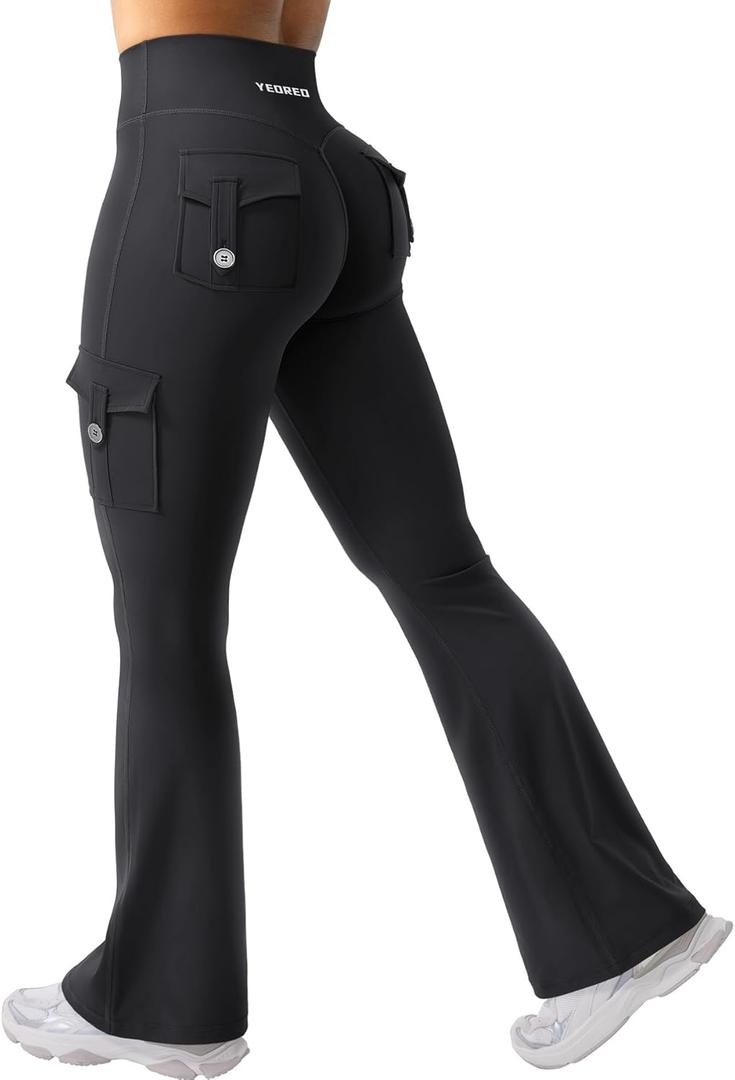 YEOREO CoreFlex Women Workout Flare Leggings with Pockets Hidden Scrunch High Waisted Cargo Gym Yoga No Front Seam Leggings (Large, Black)