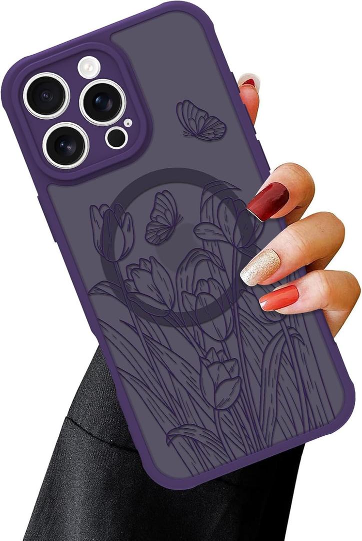 OOK Magnetic for iPhone 16 Pro Case [Compatible with MagSafe] Purple Wild Flower Slim Translucent Matte for iPhone 16 Pro Camera Lens Protection Cover, Small Flowers (6.3")