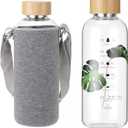 50 Oz Glass Water Bottle Wide Mouth with Time Markers, Bamboo Lid, Neoprene Sleeve Bpa Free