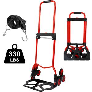 Foldable 6-Wheel Stair Climbing Dolly - 330Lbs Capacity, Telescopic Handle & Bungee Cord - Portable Hand Truck for Stairs, Moving & Deliveries (330LB | 1 Bungee Cord, 66" TPR Wheels)