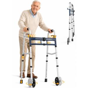 Narrow Walkers for Seniors, Folding Walker with 5 Inch Wheels for Small Spaces, Adjustable Width & Height, Lightweight Standard Walkers for Elderly, 350 lbs Support, Navy Blue