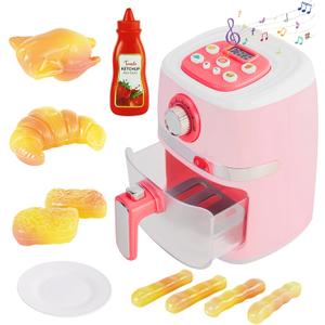 Play Kitchen Accessories, Pretend Kitchen Appliances Set with Toy Air Fryer for Kids with Sound and Lighting, Color-Changing Play Food, Birthday Gift for Boys and Girls Ages 3-5 4-8,Pink
