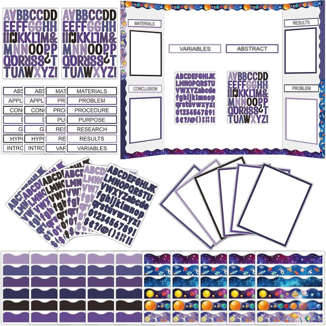 129Pcs Planet Space Science Fair Board Supplies Includes Self Adhesive Science Fair Project Titles Subtitles Presentation Bulletin Border Letter Stickers Scalloped Bulletin Border for Classroom Office