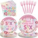 96 Pcs Sweet Sassy and 6 Birthday Decorations Donut 6th Birthday Party Decorations for Girls Colorful Donut Plates and Napkins 6 Years Old Disposable Party Supplies Serves 24