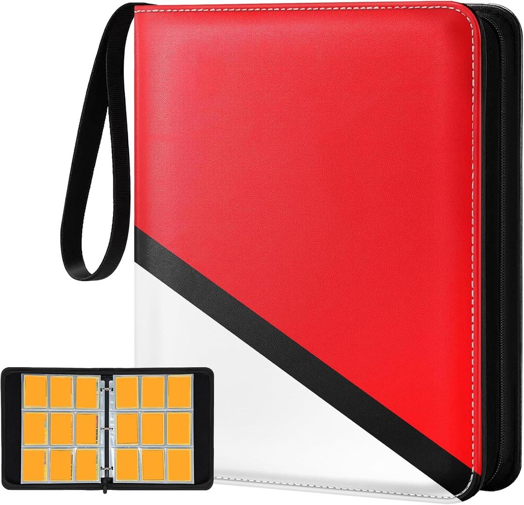Gurgitat for 9 Pocket Card Binder for 900 Cards - Large Capacity Trading Card Collection Album Folder with Zipper for Women Teens Girls Red White Design for Sports Cards Game Cards