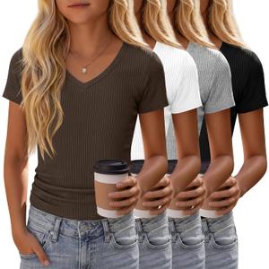 4 Pack Girls Short Sleeve Shirts Ribbed V Neck Tops Fitted Kids Soft Basic Tees Summer