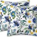 Blue and Yellow Flowers Pillow Covers 18X18 Set of 2, Watercolor Abstract Floral and Leaves Decorative Throw Pillow Covers, Pillowcase Cushion Case for Home Sofa Couch Indoor Outdoor