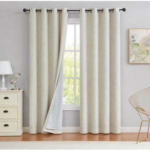 Beige Full Blackout Curtain Panel Thermal Insulated Energy Efficient Window Treatment for Bedroom Heavy Linen Texture Solid Drapes 8 Grommets Top for Living Room with Liner, Beige, 50"x90"x2