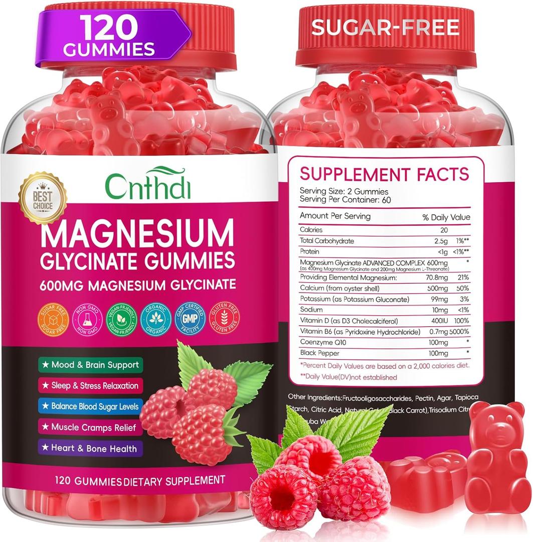 Magnesium Glycinate Gummies 600mg, High Absorption Magnesium Gummies with L-Threonate, Calcium, Vitamin B6, D3, Sugar Free Chews for Adults & Kids Relaxation, Stress Relief, Night Rest (120 Count (Pack of 1))