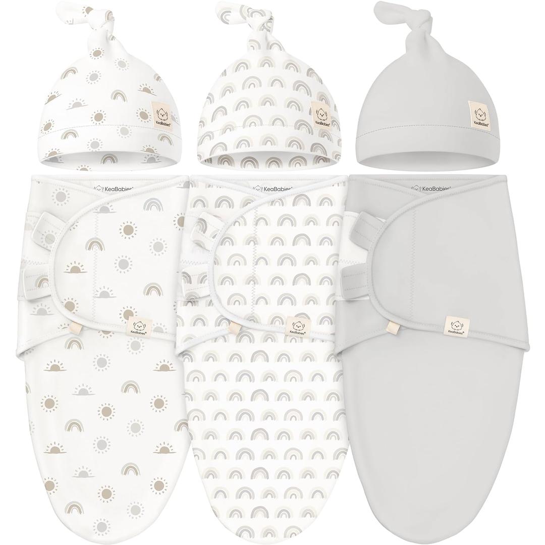 KeaBabies 3-Pack Organic Swaddles for Newborns Girls, Boys with Hats - Soft Cotton Baby Sleep Sacks 0-3 Months, Breathable Baby Hats and Swaddles 0-3 Months, Newborn Essentials Must Haves (Shifts)