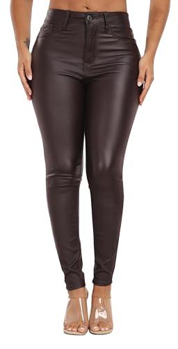 Womens High Waisted Stretch Faux Leather Pants PU Coated Legging Juniors Purple Brown (095-purple Brown 5)